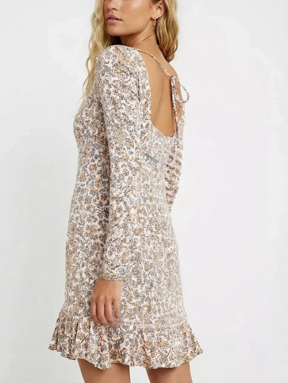 Free People Boheme Ivory Floral Long Sleeve Mini Dress Size 10 8888